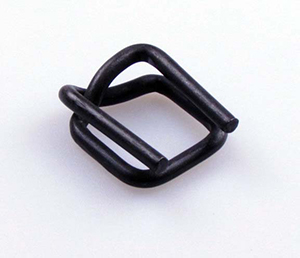 A black colour Nitrated Wire Buckles with blunt surface and a small dent, or W shape at the corner